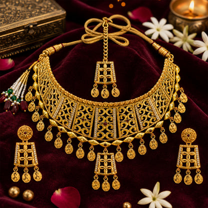 Traditional Indian Gold Plated  Bridal Dulhan Choker Jewellery Set with Earrings For Women (SJN_370)