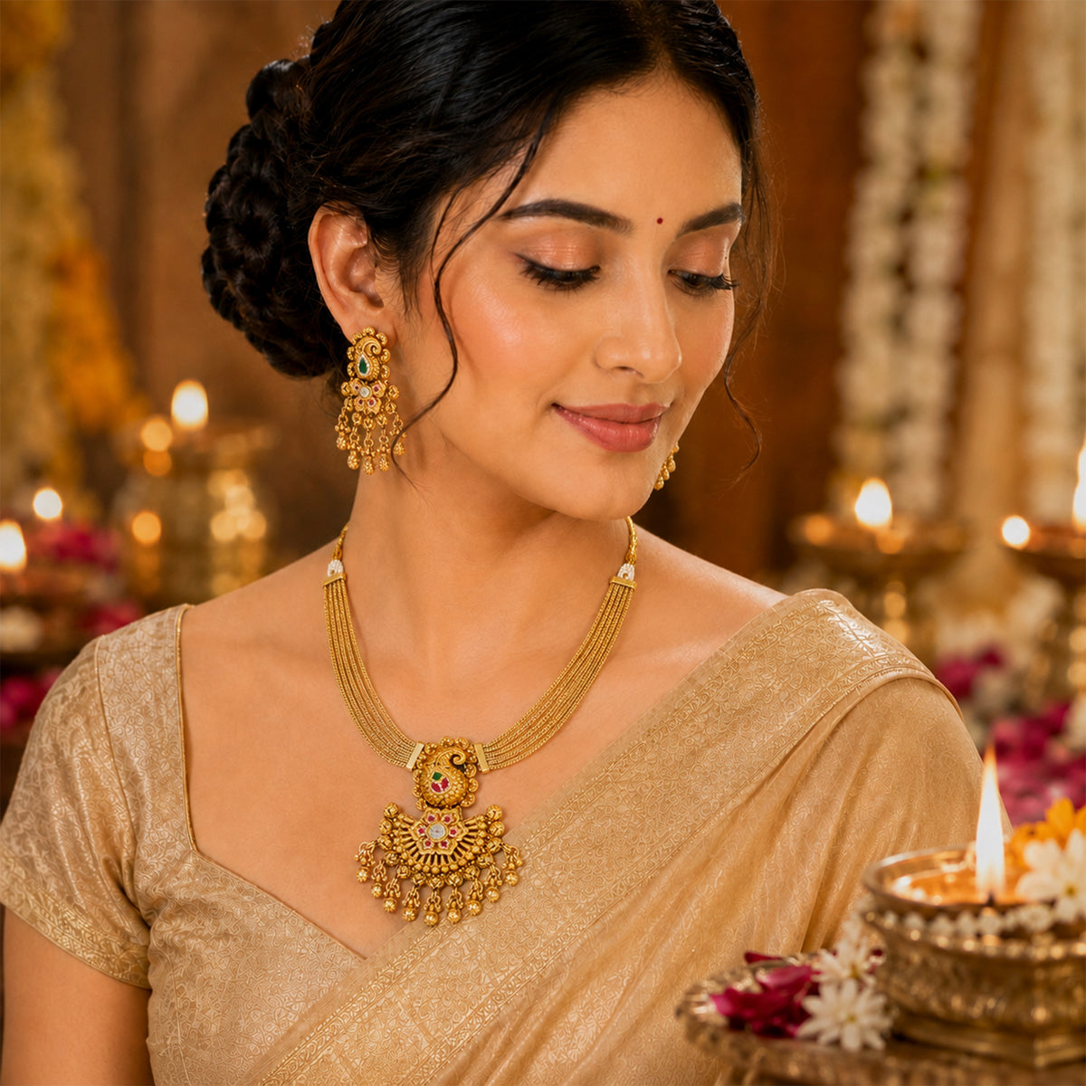 Traditional Indian Gold Plated Adjustable Long Jewellery Set with Earrings For Women (SJN_371)