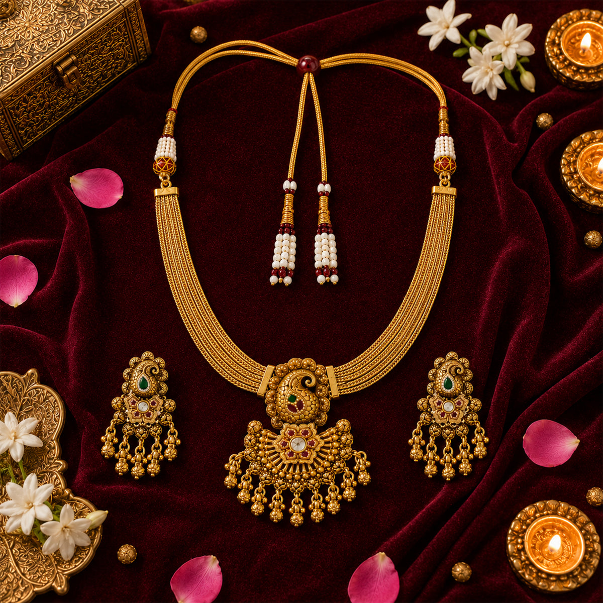 Traditional Indian Gold Plated Adjustable Long Jewellery Set with Earrings For Women (SJN_371)