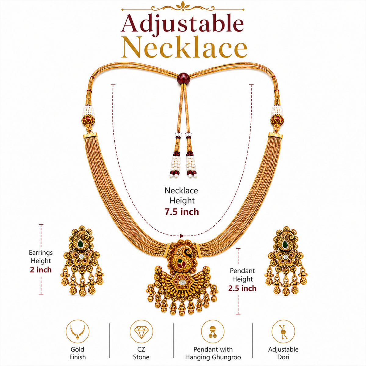 Traditional Indian Gold Plated Adjustable Long Jewellery Set with Earrings For Women (SJN_371)