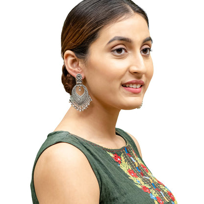 Antique German Silver Designer and Stylish Afghani Oxidised Chandbali Jhumka Dangle Drop Earrings for Women (SJ_1684_S)