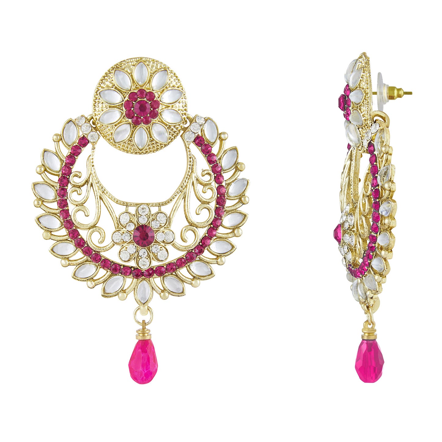 Gold Plated Tradtional Ethnic Chand Bali Pink Earring (SJ_274)