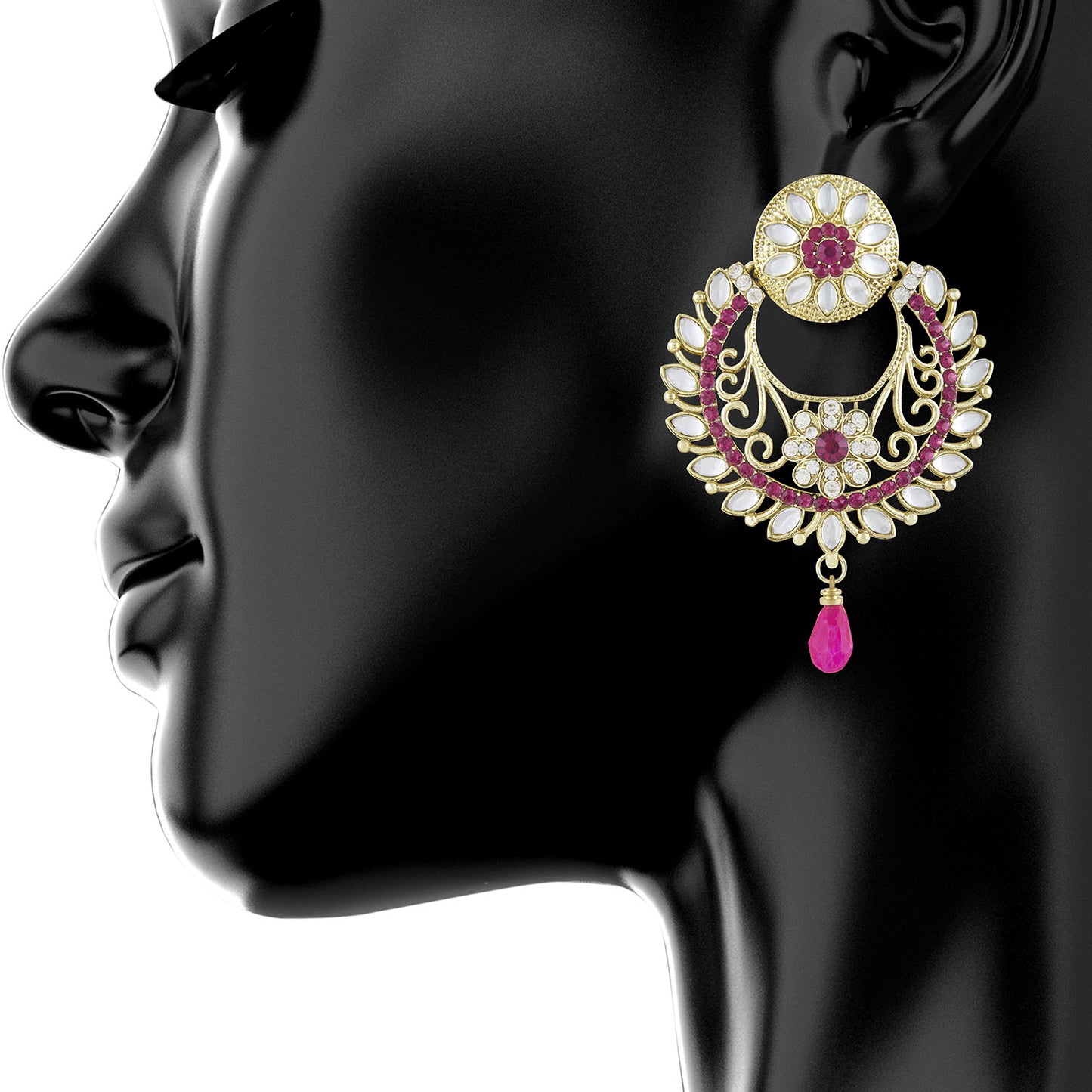 Gold Plated Tradtional Ethnic Chand Bali Pink Earring (SJ_274)