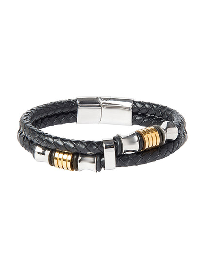 Men’s Braided Leather Bracelet Combo (Set of 2) | Black Stainless Steel Designer Magnetic Clasp Wristbands - SJLB_04