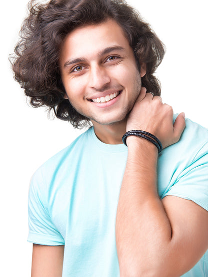 Braided Designer Stainless Steel and Leather Bracelet for Men, Boys and Women [Unisex] Black (SJ_3348_S)