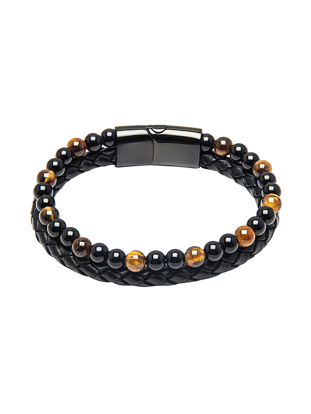 Men’s Braided Leather Bracelet Combo (Set of 3) - Black Designer Stainless Steel Magnetic Clasp Wristbands - SJLB_02