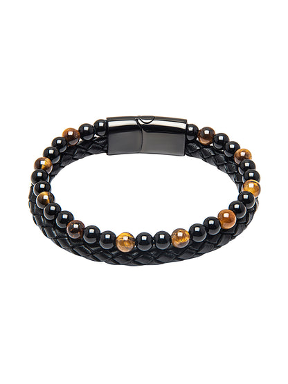 Men’s Braided Leather Bracelet Combo (Set of 3) - Black Designer Stainless Steel Magnetic Clasp Wristbands - SJLB_02