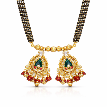 Traditional Heritage Long Black Beads Tanmaniya Mangalsutra with Kundan & CZ Antique Gold Plated Temple Pendant for Women - (SJN_346_D2)