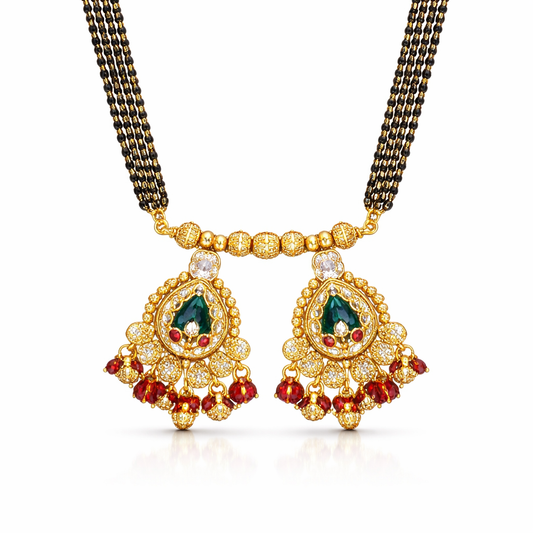 Traditional Heritage Long Black Beads Tanmaniya Mangalsutra with Kundan & CZ Antique Gold Plated Temple Pendant for Women - (SJN_346_D2)