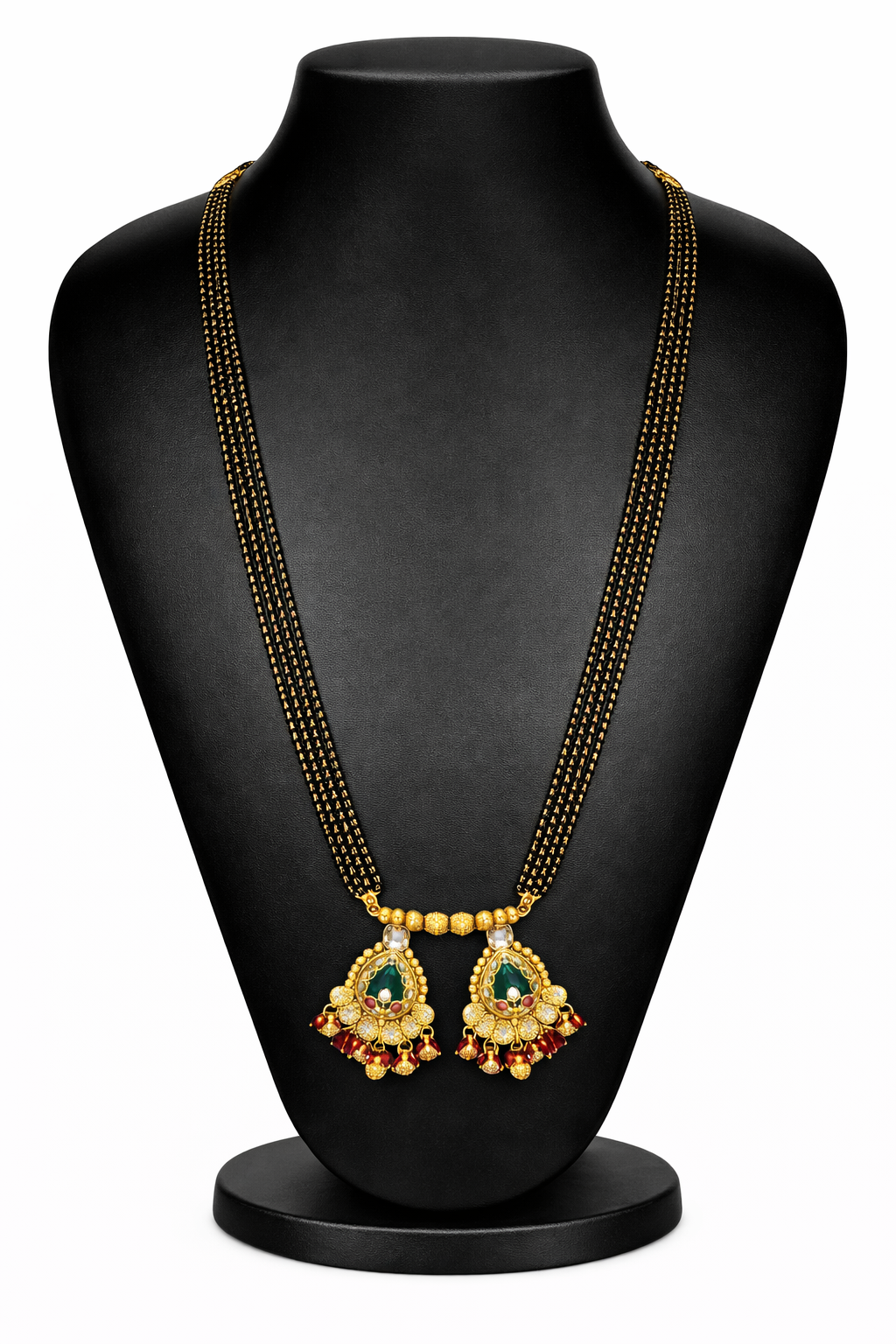 Traditional Heritage Long Black Beads Tanmaniya Mangalsutra with Kundan & CZ Antique Gold Plated Temple Pendant for Women - (SJN_346_D2)