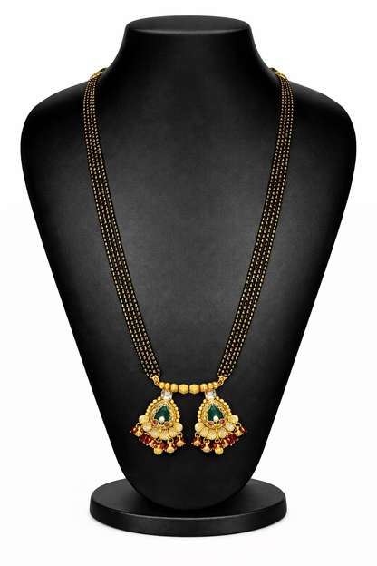 Traditional Heritage Long Black Beads Tanmaniya Mangalsutra with Kundan & CZ Antique Gold Plated Temple Pendant for Women - (SJN_346_D2)