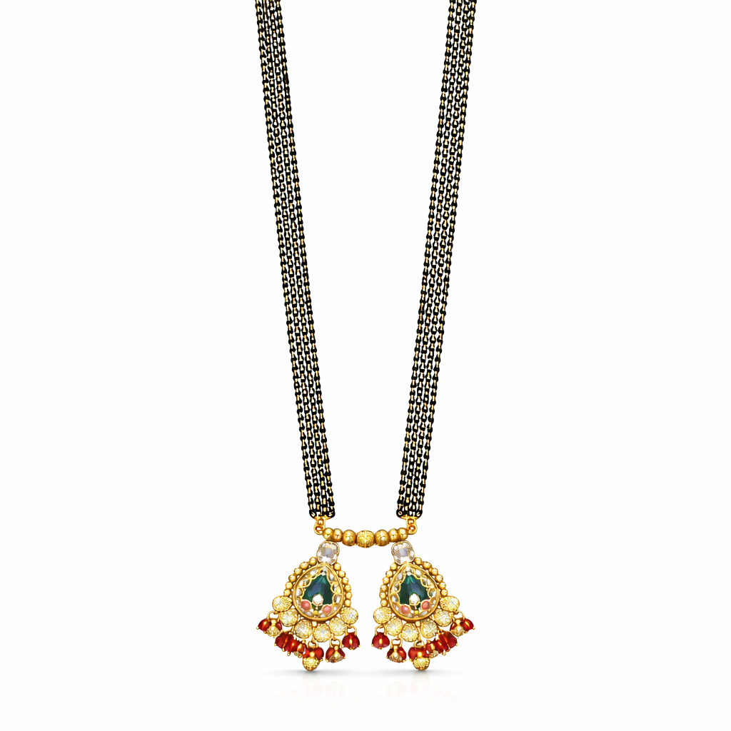 Traditional Heritage Long Black Beads Tanmaniya Mangalsutra with Kundan & CZ Antique Gold Plated Temple Pendant for Women - (SJN_346_D2)