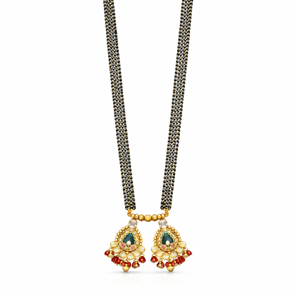 Traditional Heritage Long Black Beads Tanmaniya Mangalsutra with Kundan & CZ Antique Gold Plated Temple Pendant for Women - (SJN_346_D2)