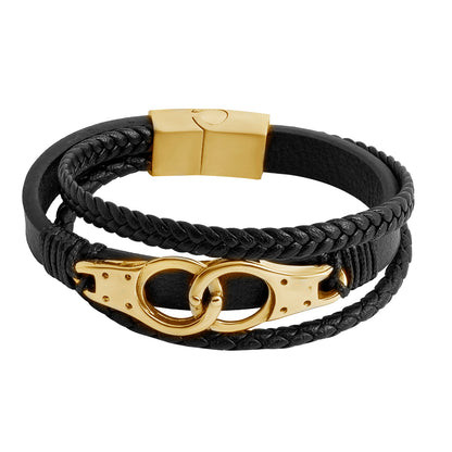 Men’s Braided Leather Bracelet Combo (Set of 3) - Black Designer Stainless Steel Magnetic Clasp Wristbands - SJLB_02