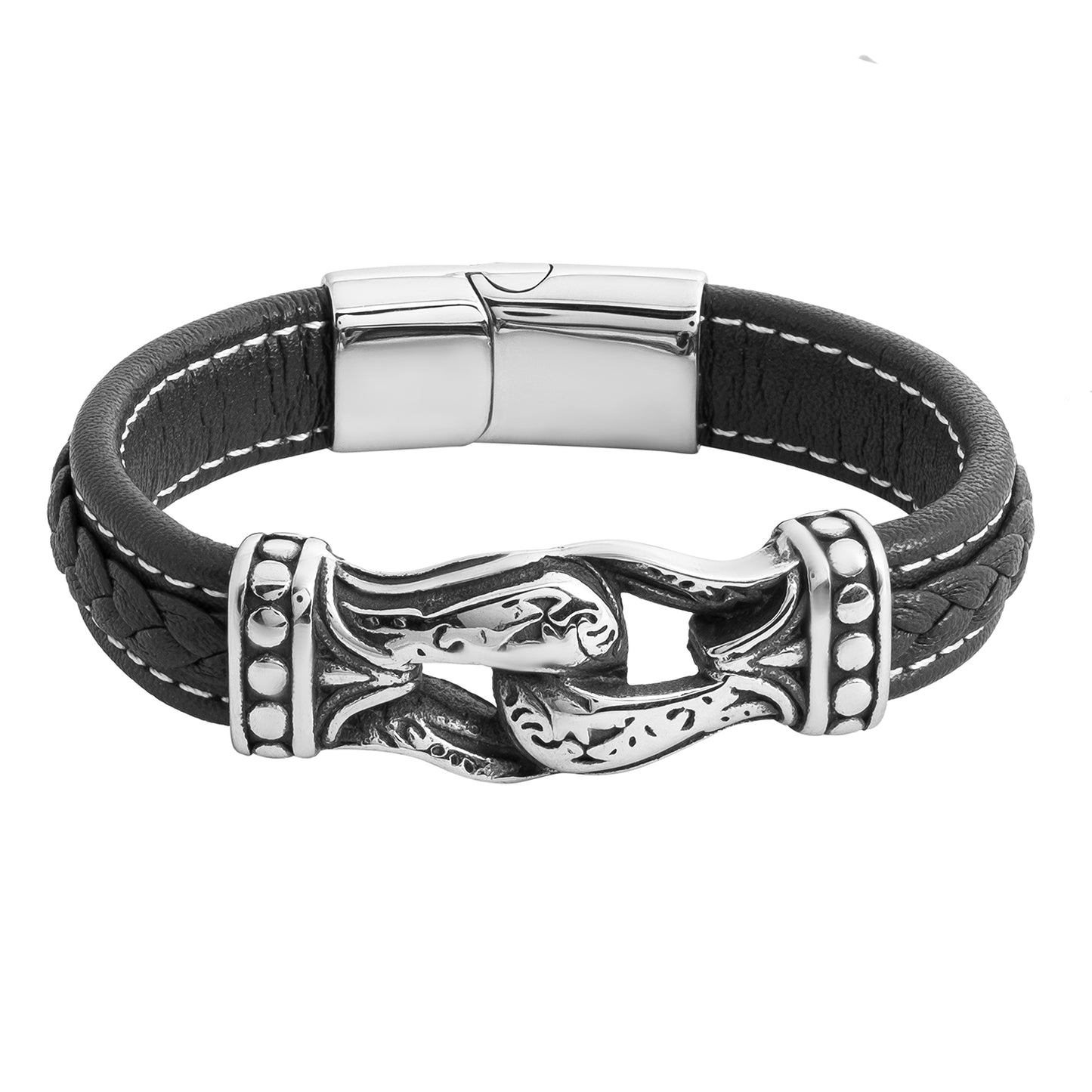Men’s Braided Leather Bracelet Combo (Set of 2) | Black Stainless Steel Designer Magnetic Clasp Wristbands - SJLB_04