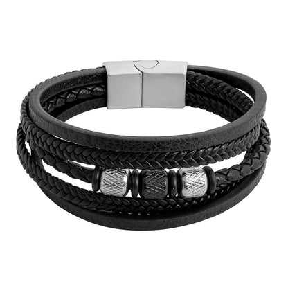 Men’s Braided Black Leather Bracelet Combo (Set of 2) - Stainless Steel Magnetic Clasp Designer Wristbands - SJLB_03