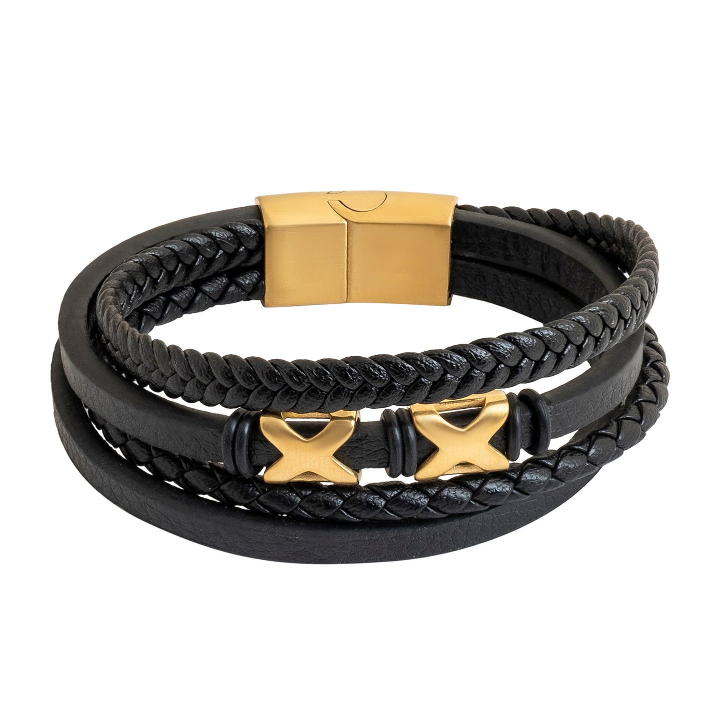 Men’s Braided Black Leather Bracelet Combo (Set of 2) - Stainless Steel Magnetic Clasp Designer Wristbands - SJLB_03