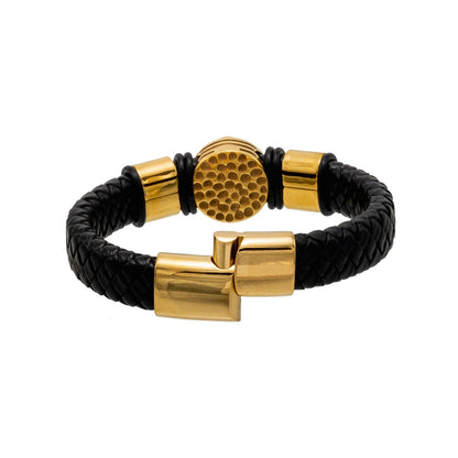 Gold Plated Matte Braided Design Stainless Steel and Leather Bracelet for Mens (SJ_3587_G)