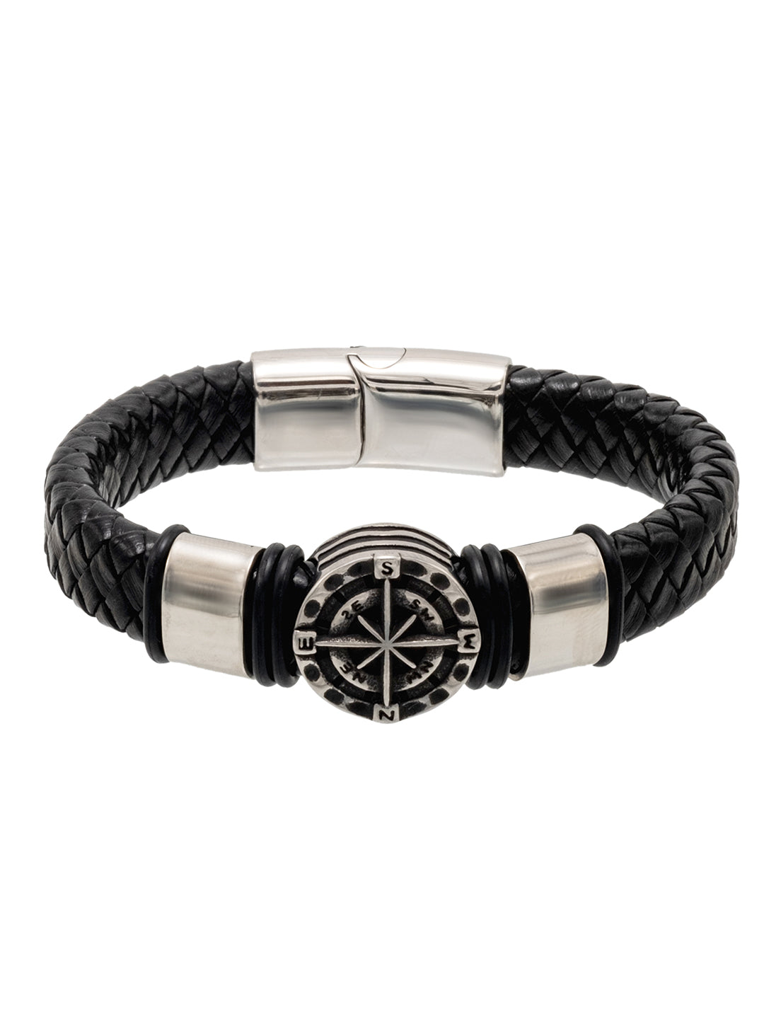 Silver Plated Matte Braided Design Stainless Steel and Leather Bracelet for Mens (SJ_3587_S)