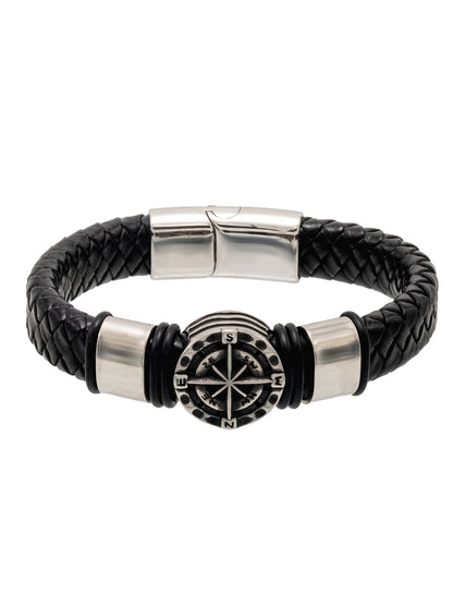 Silver Plated Matte Braided Design Stainless Steel and Leather Bracelet for Mens (SJ_3587_S)