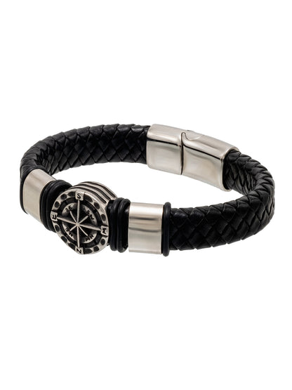 Silver Plated Matte Braided Design Stainless Steel and Leather Bracelet for Mens (SJ_3587_S)