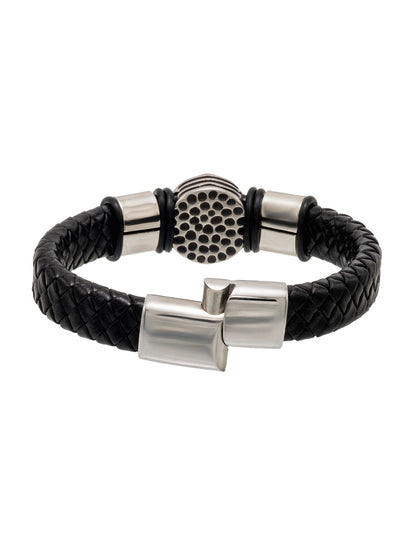 Silver Plated Matte Braided Design Stainless Steel and Leather Bracelet for Mens (SJ_3587_S)