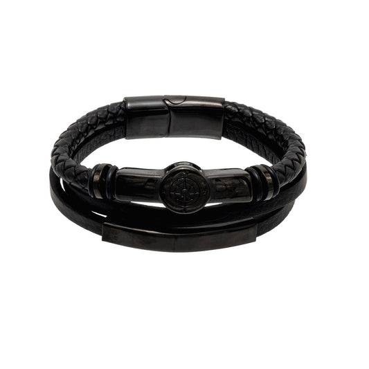 Double Layer Braided Matte Black Design Stainless Steel Leather Bracelet for Mens (SJ_3588_BK)