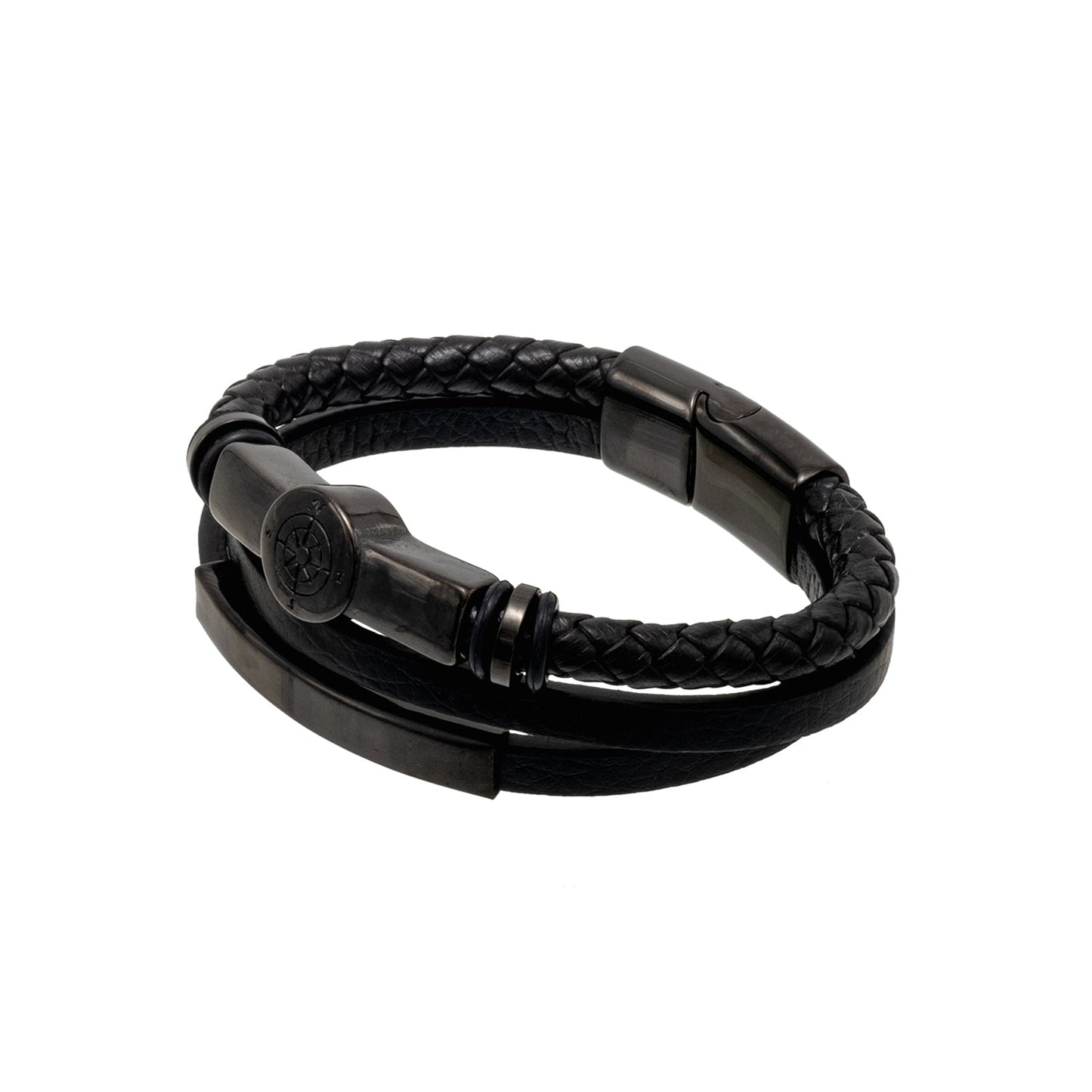 Double Layer Braided Matte Black Design Stainless Steel Leather Bracelet for Mens (SJ_3588_BK)
