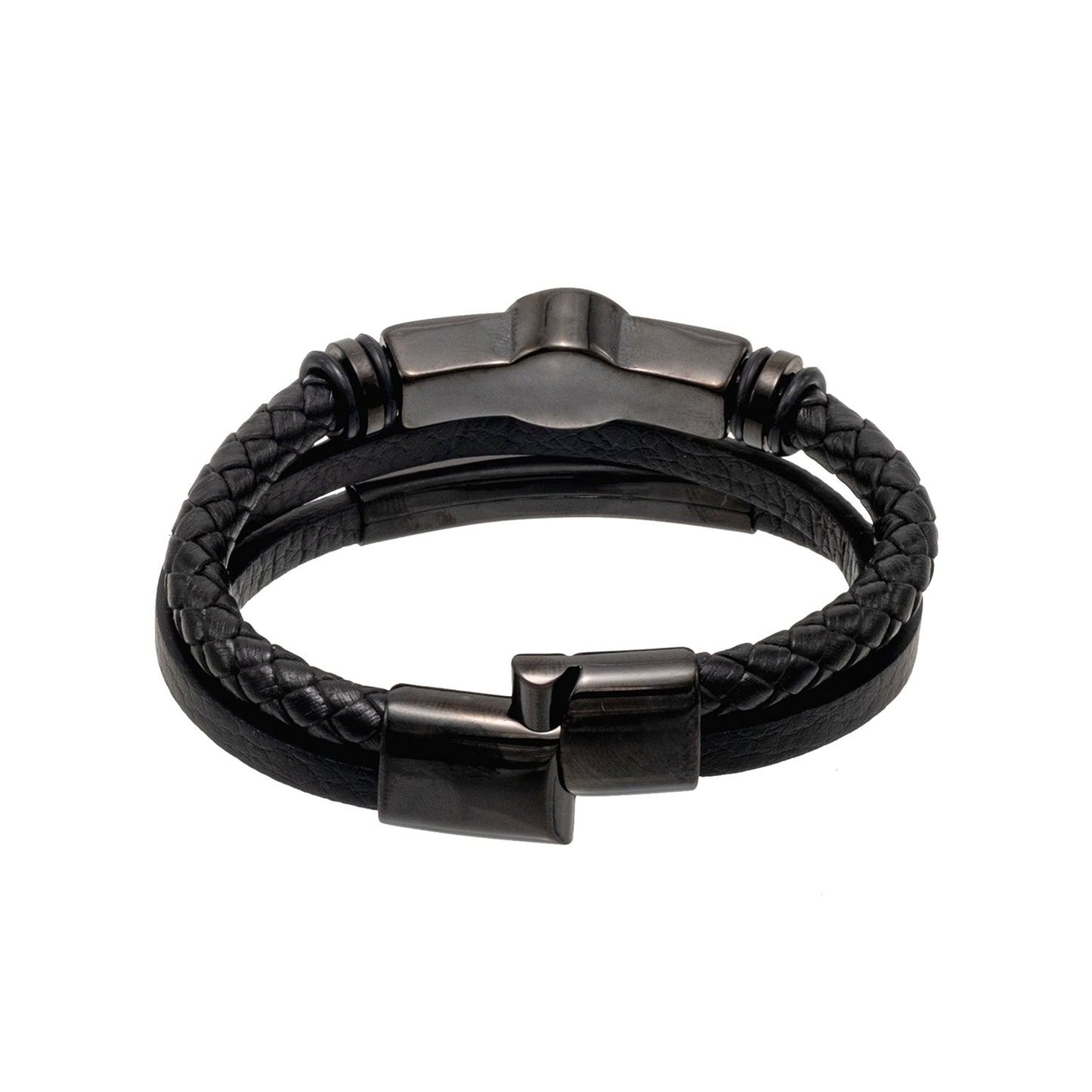 Double Layer Braided Matte Black Design Stainless Steel Leather Bracelet for Mens (SJ_3588_BK)