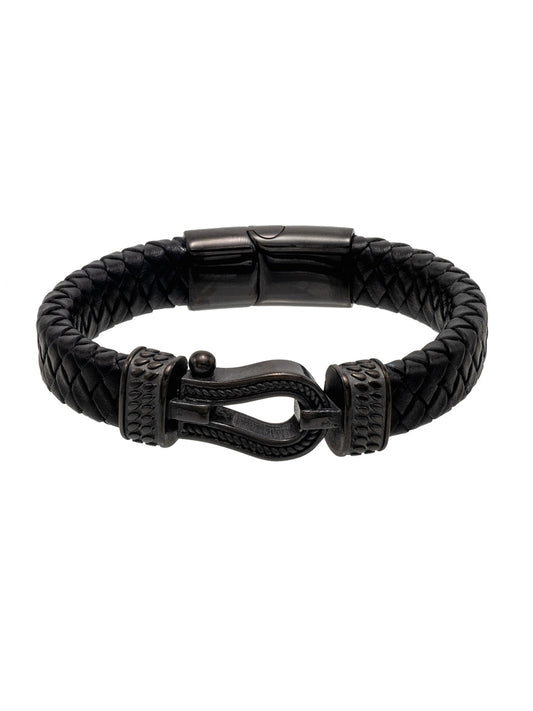 Braided Horseshoe Design Stainless Steel Leather Bracelet for Mens (SJ_3589_BK)