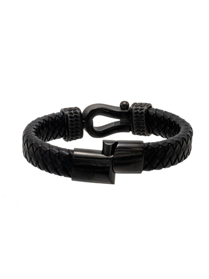 Braided Horseshoe Design Stainless Steel Leather Bracelet for Mens (SJ_3589_BK)