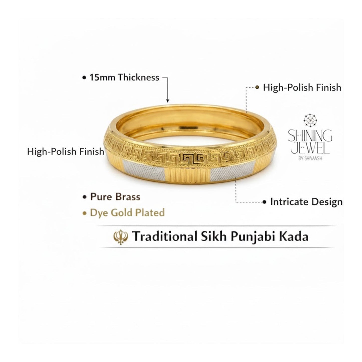 Classic 15 mm Two Tone Gold & Silver Plated Amritsari  Kada for Men SJ_3599