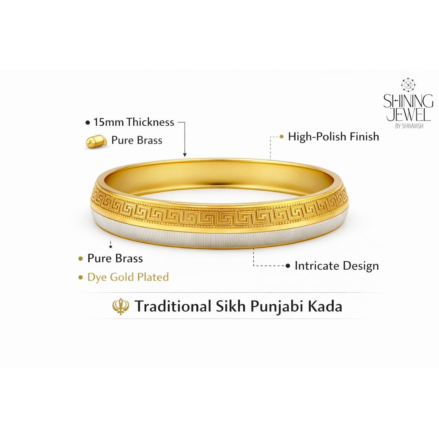 Classic 15 mm Two Tone Gold & Silver Plated Amritsari  Kada for Men SJ_3600