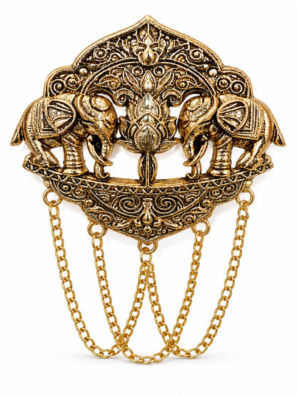 Antique Gold Plated Two Elephant Flower Motif Dulha Brooch with Chain Tassels for Men (SJ_9111_AG)