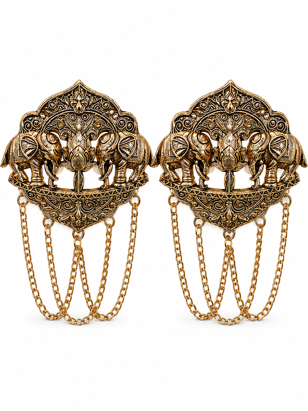 Antique Gold Plated Two Elephant Flower Motif Dulha Brooch with Chain Tassels for Men (SJ_9111_AG)