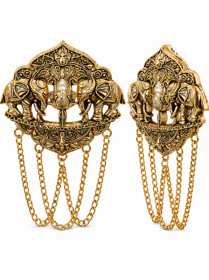Antique Gold Plated Two Elephant Flower Motif Dulha Brooch with Chain Tassels for Men (SJ_9111_AG)
