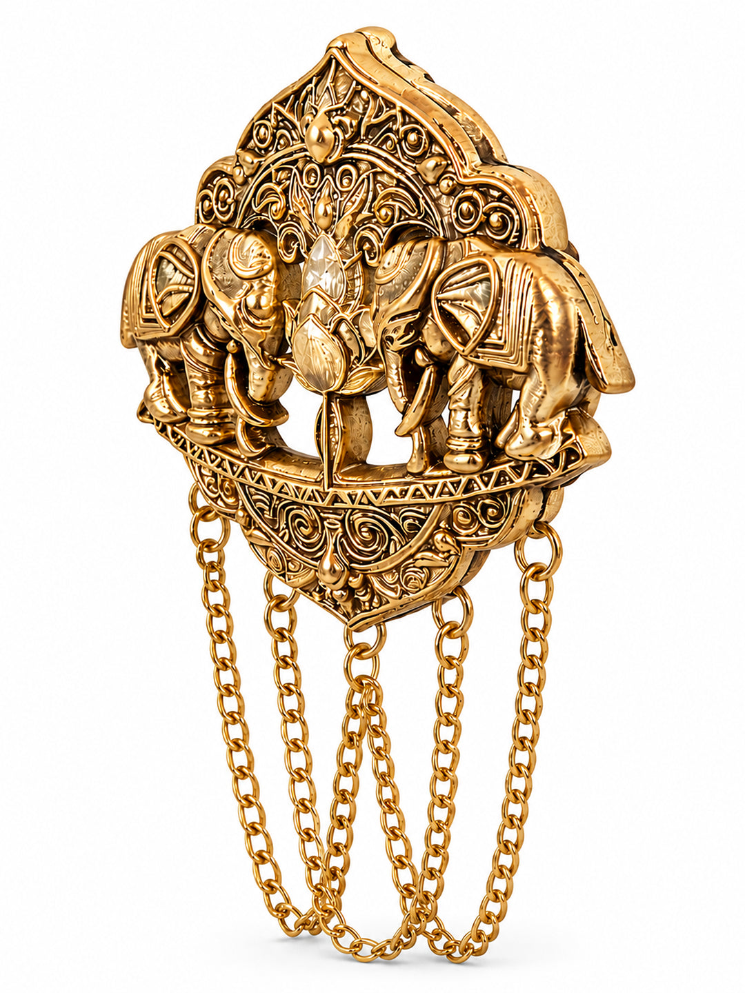 Antique Gold Plated Two Elephant Flower Motif Dulha Brooch with Chain Tassels for Men (SJ_9111_AG)