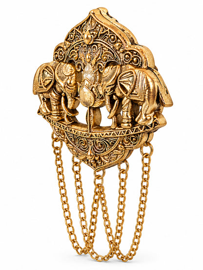 Antique Gold Plated Two Elephant Flower Motif Dulha Brooch with Chain Tassels for Men (SJ_9111_AG)
