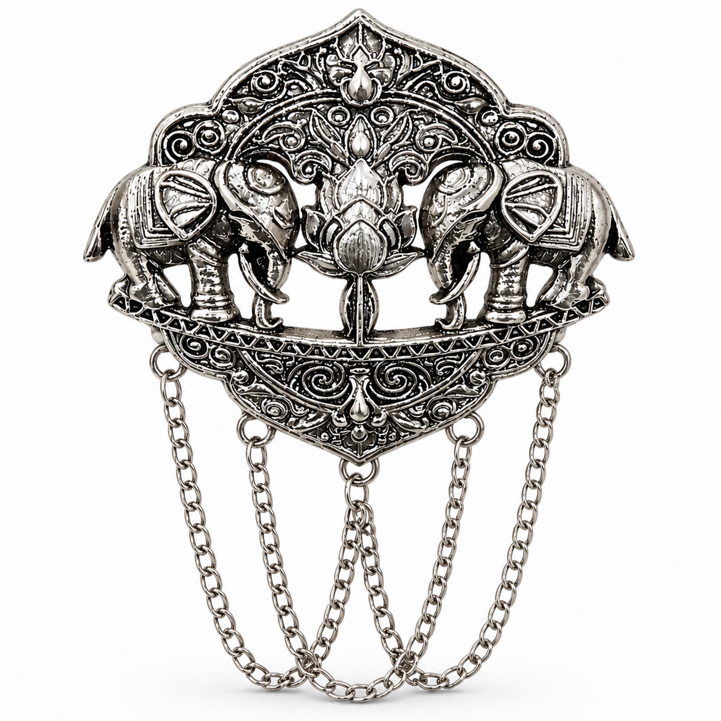 Antique Silver Plated Two Elephant Flower Motif Dulha Brooch with Chain Tassels for Men (SJ_9111_AS)