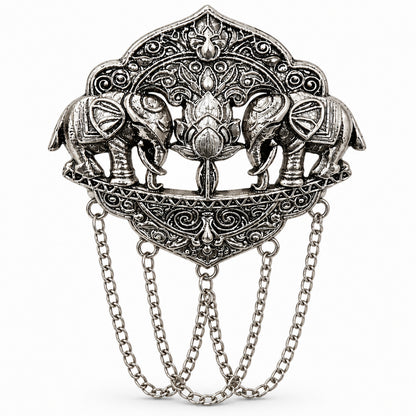 Antique Silver Plated Two Elephant Flower Motif Dulha Brooch with Chain Tassels for Men (SJ_9111_AS)
