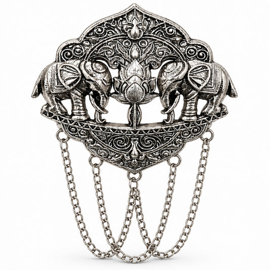 Antique Silver Plated Two Elephant Flower Motif Dulha Brooch with Chain Tassels for Men (SJ_9111_AS)