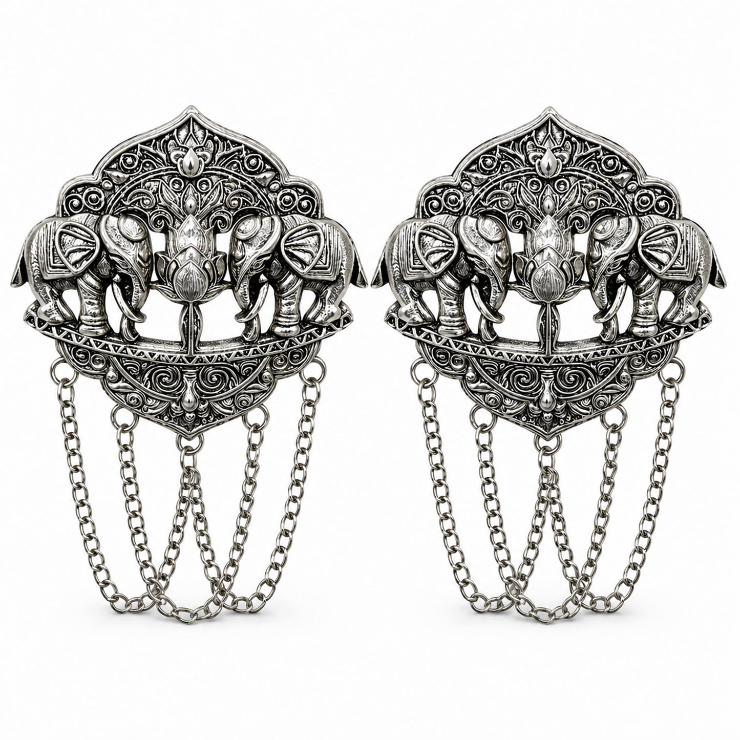 Antique Silver Plated Two Elephant Flower Motif Dulha Brooch with Chain Tassels for Men (SJ_9111_AS)
