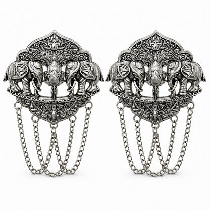 Antique Silver Plated Two Elephant Flower Motif Dulha Brooch with Chain Tassels for Men (SJ_9111_AS)