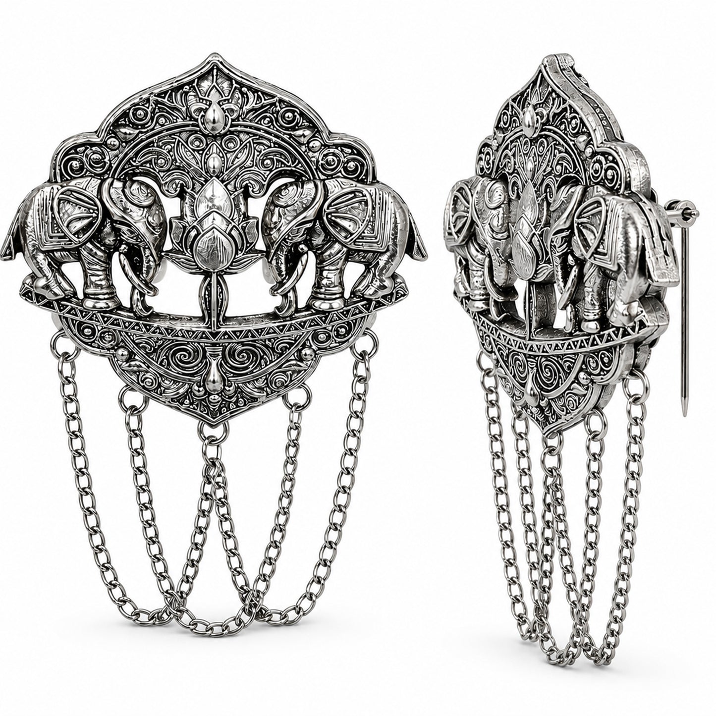 Antique Silver Plated Two Elephant Flower Motif Dulha Brooch with Chain Tassels for Men (SJ_9111_AS)