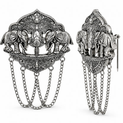 Antique Silver Plated Two Elephant Flower Motif Dulha Brooch with Chain Tassels for Men (SJ_9111_AS)