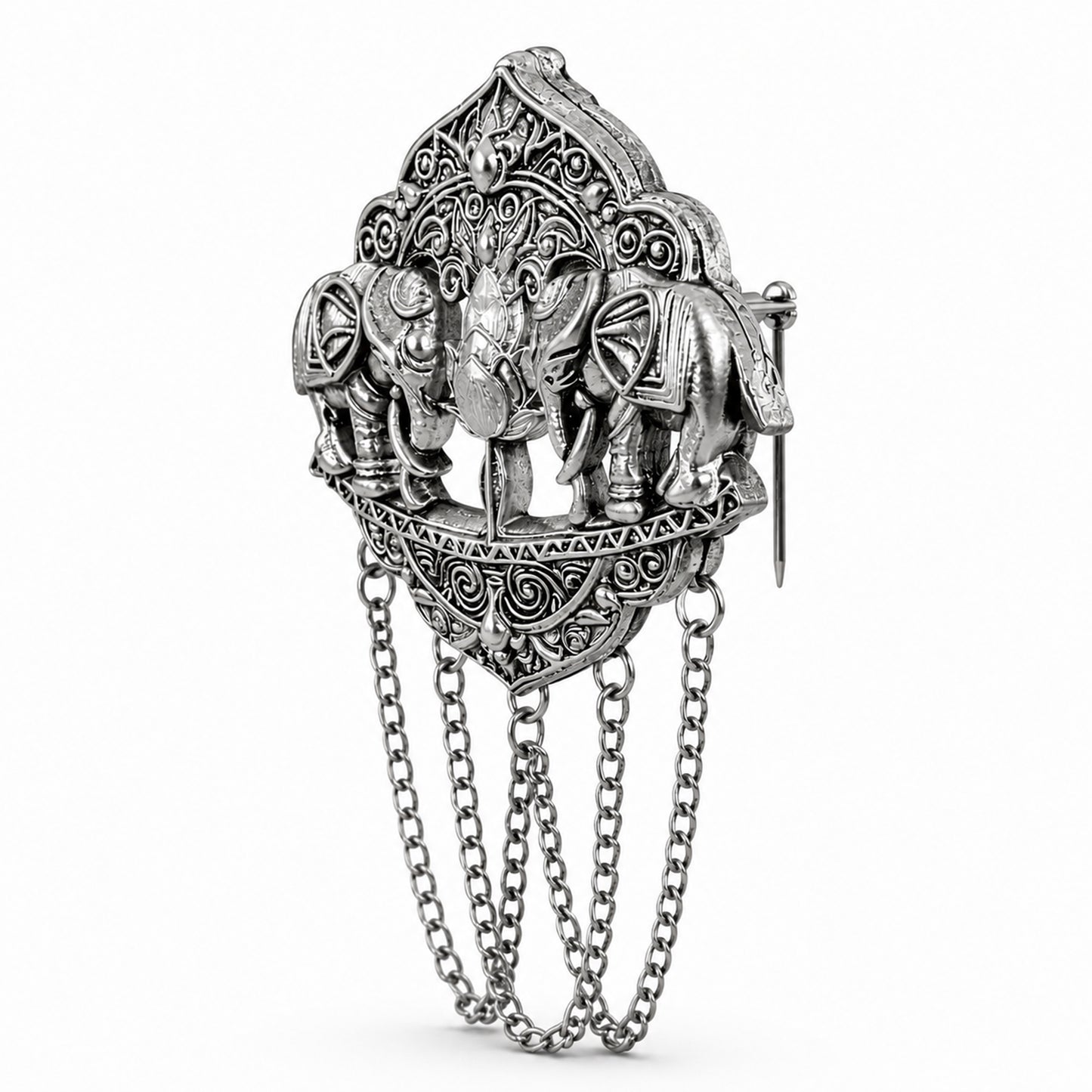 Antique Silver Plated Two Elephant Flower Motif Dulha Brooch with Chain Tassels for Men (SJ_9111_AS)