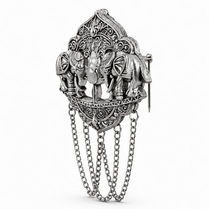 Antique Silver Plated Two Elephant Flower Motif Dulha Brooch with Chain Tassels for Men (SJ_9111_AS)