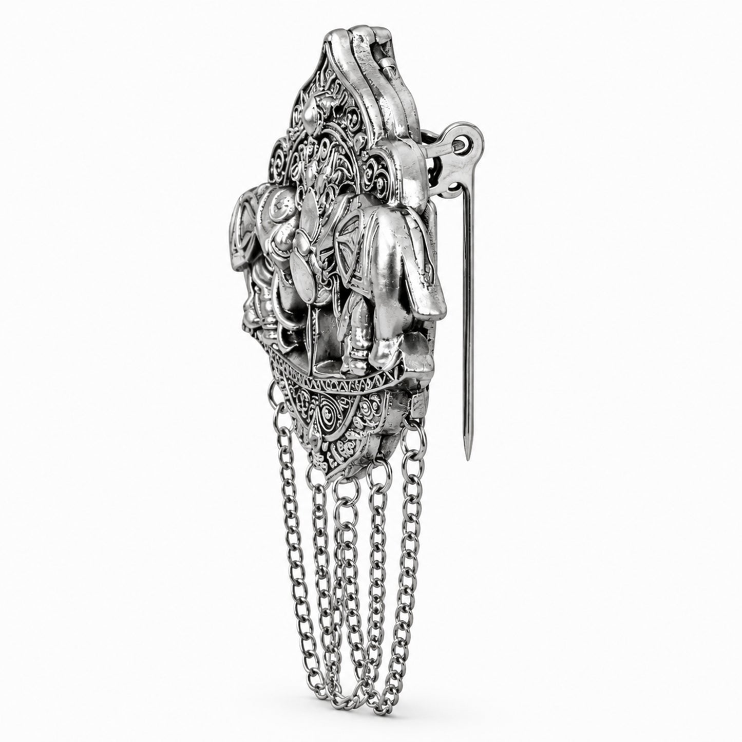 Antique Silver Plated Two Elephant Flower Motif Dulha Brooch with Chain Tassels for Men (SJ_9111_AS)