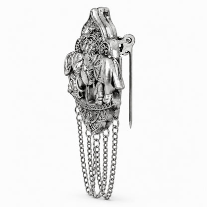 Antique Silver Plated Two Elephant Flower Motif Dulha Brooch with Chain Tassels for Men (SJ_9111_AS)