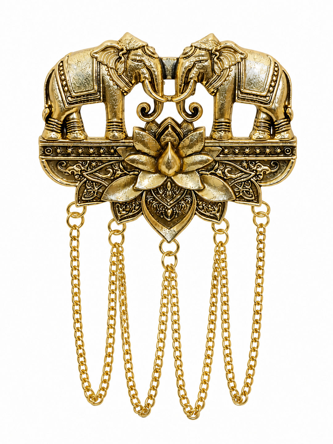 Antique Gold Plated Two Elephant Flower Motif Dulha Brooch with Chain Tassels for Men (SJ_9112_AG)